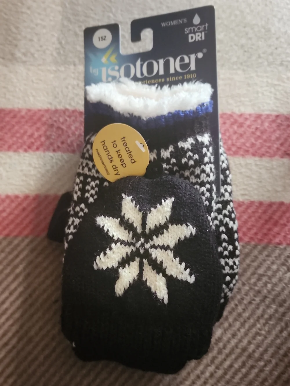 Isotoner Black and White Snowflake Knit Mittens with Faux Fur Cuff - Picture 1 of 3